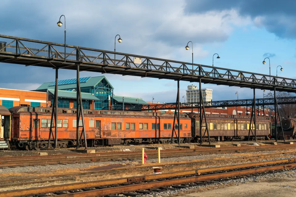 Steamtown National Historic Site at former Scranton, Pennsylvania rail yards with old steam trains.